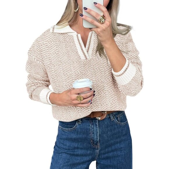 Sweaters - Women’s Chunky Knit V Neck Sweater Color Block Fall Casual Soft Top